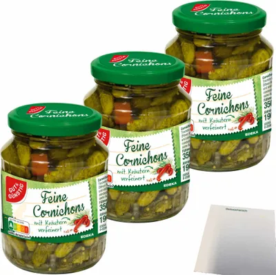 Produktbild von Gut & Günstig Cornichons mit Kräutern fein-würzig kleine feine Gurkensortierung 3er Pack (3x190g ATG) + usy Block