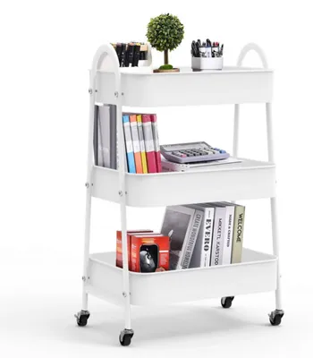 Image de Chariot à 3 niveaux - Chariot de rangement pour la cuisine - Structure en métal - Plastique sans BPA - Monté sur roulettes - Idéal pour la salle de bain, la cuisine ou le bureau - Blanc