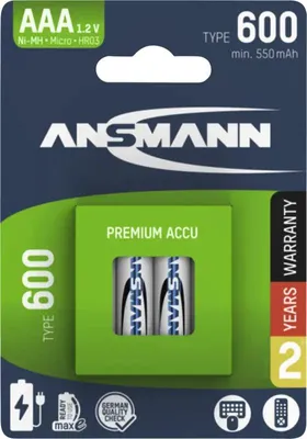 Obrázok produktu pre Ansmann 1311-0022, Nabíjateľná batéria, AAA, Nikel-Metal Hydrid (nimh), 1,2 V, 4 kusov, 550 mAh