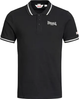 A black Lonsdale London polo shirt is displayed against a white background.