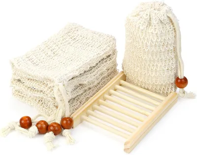 Produktbild von Seifensäckchen aus Sisal zum Duschen für feste Seife mit Holzseifenschale, 5 Stück