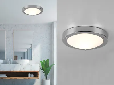 A bathroom scene with a modern light fixture and a close-up of the same light fixture.