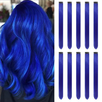 Productafbeelding van Haarverlengingen, clip-in, voor meisjes, 22 inch, recht, in verschillende kleuren, 10 stuks, blauw