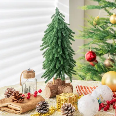 Zdjęcie produktu dla Mała choinka COSTWAY 40 cm, mini choinka z podstawą z litego drewna i 200 gałązkami, sztuczna choinka stołowa, choinka do domowego biura, zielona