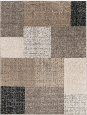 A flat lay of a rectangular rug with a geometric pattern of squares in various shades of brown, beige, cream, and black.