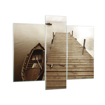 Produktbild von Bilder auf glas - 3 Teile - Brücke Boot Sepia - 95x80cm - Glasbilder - Wandbilder - Bilder - zum Aufhängen bereit - Wanddekoration aus Glas - Glas Bilder - Wandbild auf Glas - GCB95x80-4135