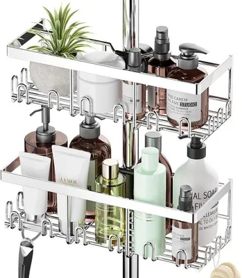 Produktbild von Unyqoos® Duschablage-Set 2-teilig ohne Bohren, rostfreier Stahl, Ablagen 30×12×9,7 cm & 28×10,5×8,5 cm, für Duschstangen Ø 1,8–2,5 cm