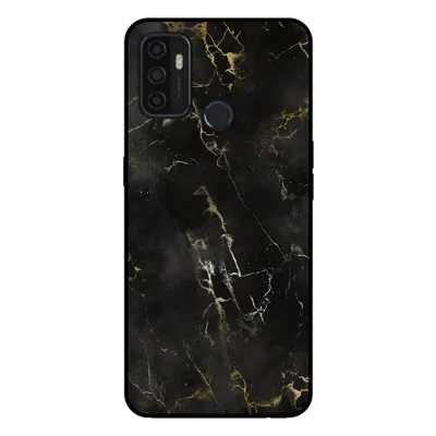 A smartphone case with a black and gold marble pattern.