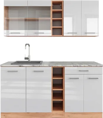 Produktbild von Singleküche Vicco R-Line Weiß Hochglanz/Goldkraft Eiche 160 cm , AP Marmor, Model 42902