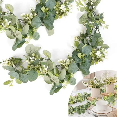 Productafbeelding van 2 stuks eucalyptusguirlande, kunstplantguirlande, 1,8 meter lange groene bladdecoratie met witte bloemen, eucalyptusrank voor achtergrond, bruiloftsbogen, tafeldecoratie, woonkamerdecoratie