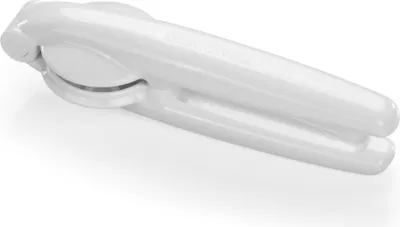 A white garlic press on a white background.