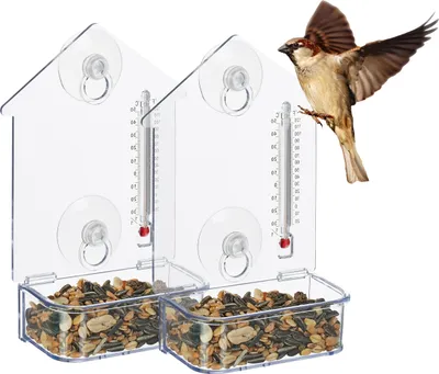 Image de Lot de 2 mangeoires pour oiseaux à fixer à la fenêtre Relaxdays, 2 ventouses, mangeoire avec thermomètre, dimensions 17 x 11,5 x 5 cm, transparente