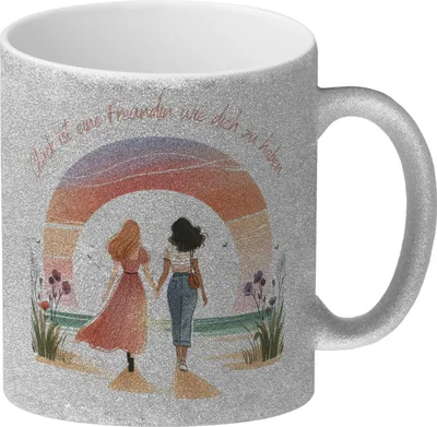 Produktbild von Freundinnen Sonnenuntergang Glitzer-Kaffeebecher mit Spruch Glück ist deine