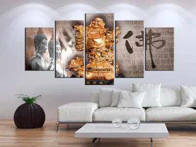 Produktbild von Akustikbild Buddha 200x100 cm Bilder Akustikschaum Hochleistungsschallabsorber Schallschutz Leinwand 5 tlg Wandbild Raumakustik Schalldämmung 020113-286