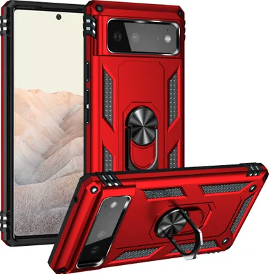 Produktbild von Google Pixel 6 Hülle, Dual Layer Militäre Fallschutz Schutzhülle mit Ringhalterung Ständer für Google Pixel 6 Rot