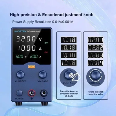Imagen del producto de Alimentación para laboratorio - Fuente de alimentación de corriente continua (DC) ajustable - 0-32V y 0-10A - Salida USB - Compacta