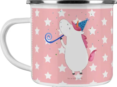 Produktbild von Mr. & Mrs. Panda Pott Einhorn Party - Rot Pastell - Geschenk, Fest, Campingtasse, Unicorn, Haferl, Disco, becher emaille, Einhörner, Club, Geburtstag, Teetasse