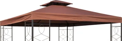 A close-up view of a brown gazebo canopy and its frame.