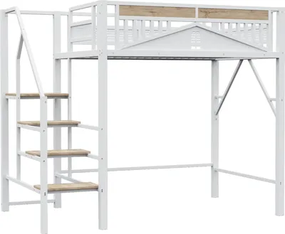 Produktbild von Metall-Hochbett(140 x 200cm,Weiß)Einzigartige Gehäuseform mit Fensterdesign, Mit Sicherheitsleiter, Viel Stauraum Unter Dem Bett