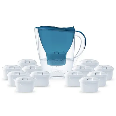 A water filter pitcher with multiple replacement filters arranged in front of it, all on a white background.