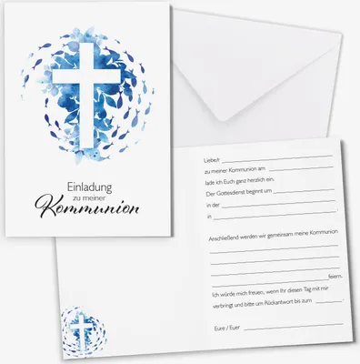 Produktbild von younikat Einladungskarten Kommunion I 15 Stück DIN A6 (10,5 x 14,8 cm) I zum Ausfüllen mit Lückentext I inkl. Umschlägen I Klappkarte Aquarell Blau Fische Kreuz I dv1558