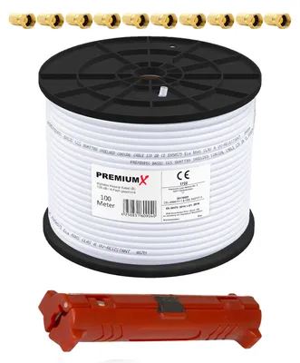 Produktbild von PremiumX 100m BASIC Koaxialkabel 135dB 4-fach Kabel Abisolierer 10x F-Stecker