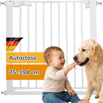 Produktbild von BRONEA® LUCA Treppengitter ohne Bohren | Türgitter & Treppenschutzgitter zum Klemmen | verlängerbar 75-194 cm | Auto-Close, 90° Stopp, beidseitig schwenkbar | Kinderschutz für Treppe & Tür, Abmessung Breite:75 - 82 cm