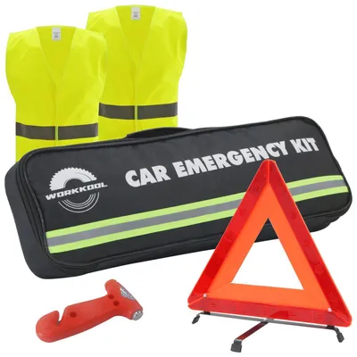 Produktbild von Auto Notfall Kit 4-teilig mit Warndreieck, Warnweste, Notfallhammer & Gurtschneider mit Tragetasche
