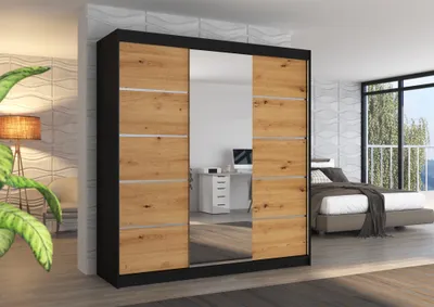 Productafbeelding van Schuifdeurenkast VISBY, kleur zwart en artisan eikenhout, afmetingen 200x215x58 cm