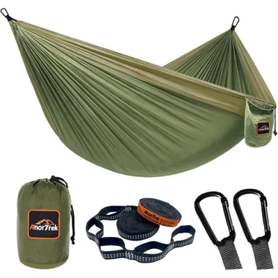 Produktbild von Camping Hängematte Fallschirm Nylon 280 x 140 cm Armeegrün/Khaki mit Baumgurten & Karabiner