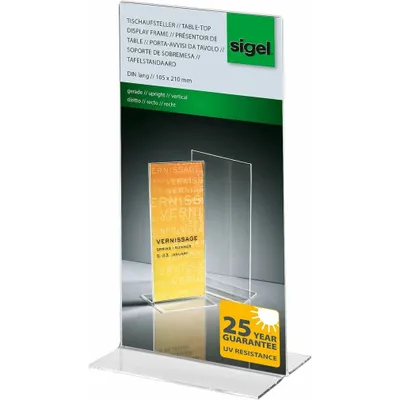 Produktbild von SIGEL TA224 Tischaufsteller, DIN lang (105x210 mm), senkrecht, beidseitige Präsentation, glasklar, Acryl