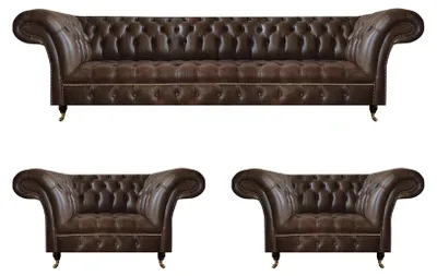 Zdjęcie produktu dla Salon brązowy skórzany zestaw Chesterfield designerskie meble do siedzenia 3-częściowy zestaw