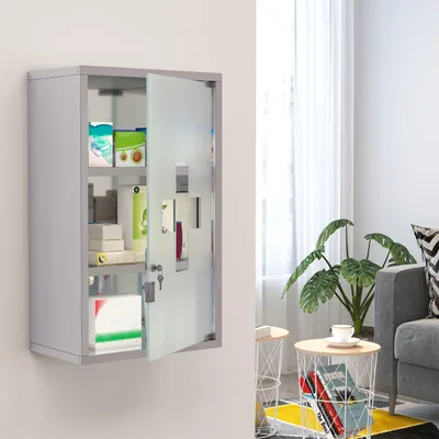 Produktbild von SUGIFT Medizinschrank Edelstahl abschließbar, Arzneischrank Tip-On Glastür kindersicher, Apothekerschrank Silber | 30x18x50 cm | 3 Fächer | satiniertes Glas