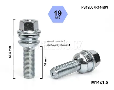 Obrázek produktu pro Kolový šroub M14x1,5x37 kulový R14 pohyblivá plocha, klíč 19, PS19D37R14-MW, výška 66,5
