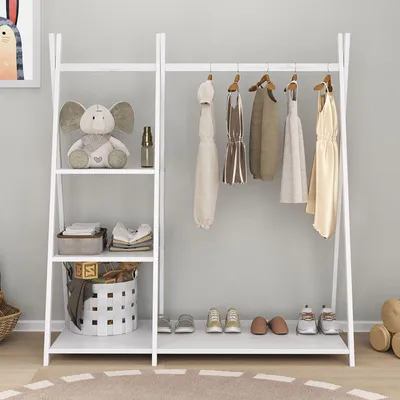 Produktbild von Kindergarderobe LOTTE mit 1 Kleiderstange & 4 Ablageböden in weiß lackiert.  Montessori Design, freistehender Kleiderständer für Kinderzimmer aus Massivholz.