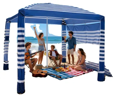 Produktbild von VEVOR Strandcabanas, 2,4 x 2,4 m Strandüberdachung mit Seitenwand, UPF 50+ Schutz, einfach aufzubauendes Cabanazelt mit Sandtaschen, höhenverstellbarer tragbarer Schatten-Sonnenschutzschirm für die Familie, marineblau gestreift, 240x240 cm, Dunkelblau Weiß Streifen