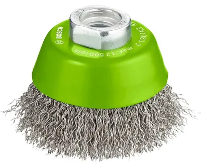 Produktbild von Bosch 1x PRO Stainless Steel Longlife Topfbürste, gewellter Draht für kleine Winkelschleifer und M14-Gewinde (für Nichteisenmetalle, Stahl, Ø 65 mm, Professional Zubehör Kleiner Winkelschleifer)