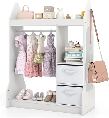 Produktbild von Kinderkleiderschrank mit Spiegel & Kleiderstange, Kindergarderobe mit 3 Regalen & 2 Faltbare Stoffboxen, Kleiderständer für Kleidung & Spielzeug für Kinderzimmer, 81 x 38 x 107 cm (Weiß)
