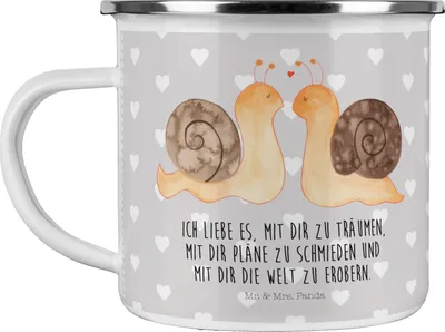 Produktbild von Mr. & Mrs. Panda Emaille Tasse Schnecken Liebe - Grau Pastell - Geschenk, Jahrestag, Pott, Pärchen, Zukunft, Haferl, Teetasse, Träume, becher, Gemeinsam, Freundin