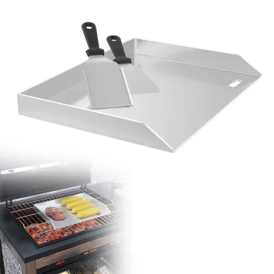 Produktbild von XMTECH Edelstahl Grillplatte, 30x45x4 cm, gleichmäßige Wärmeverteilung für Gas- und Kohlegrills – inkl. 2x Grillspachtel – rost- und kratzfest, ohne Henkel, ideal für Grillpartys und BBQs