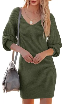 Imagen del producto de Vestido de punto con cuello en V - Vestido informal - Mangas largas - Longitud mini - Mangas abullonadas - Tejido suave y elástico - Tipo jersey