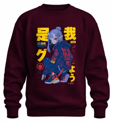 Productafbeelding van Oni-demonmeisje, techwear, Japanse streetwear, anime, Y2K, otaku, sweatshirt, pullover, bordeauxrood, maat M