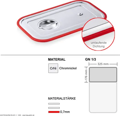 Image de Couvercle de transport Gastronorm GN 1/3 - joint d'étanchéité périphérique en silicone - Acier au chrome-nickel