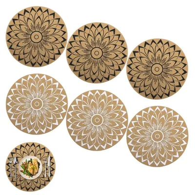 Obrázek produktu pro Podtácky, omyvatelné, kulaté, 6 kusů, podložky pod talíře, boho styl, odolné vůči teplu, omyvatelné, protiskluzové, PVC, 38 x 38 cm