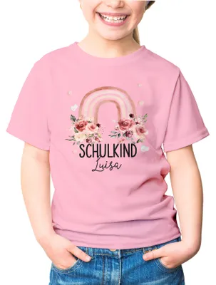 Produktbild von Kinder Mädchen T-Shirt Schulanfang Schulkind personalisiert Wunschname Regenbogen Blumen SpecialMe® rosa 141-152 (11-12 Jahre)