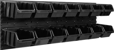 Produktbild von Lagersystem Werkstattregal | 115 x 39 cm | 14 stck. Box | Wandregal mit Stapelboxen - Wandplatten Extra Starke Schüttenregal Warkzeuglochwand Lagerregal Garage Regal