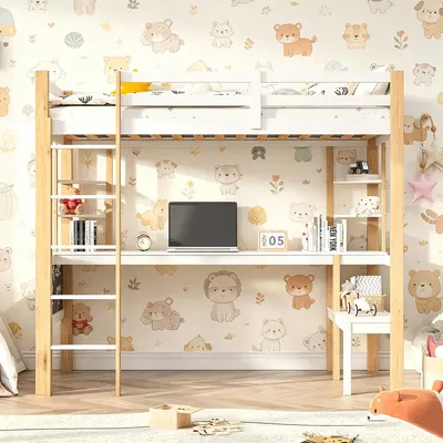 Productafbeelding van INONEFT Etagebed 90x200, kinderbed met hoogslaper, trap en bureau, kinderbed met hoogslaper, valbeveiliging en opbergruimte, eenpersoonsbed, wit