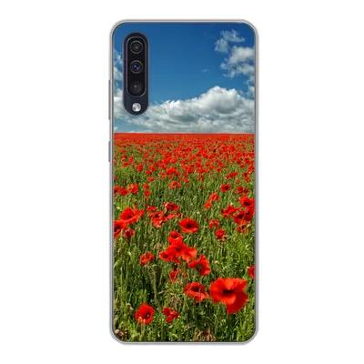Produktbild von MuchoWow® Handyhülle Schutzhülle Hülle für Samsung Galaxy A30s Schneeweiße Wolken über einem Mohnblumenfeld Silikon Softcase Handy Hülle - Karteninhaber