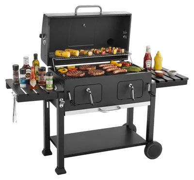 Image de Barbecue au charbon de bois VEVOR de 0,50 m² avec 2 bacs à charbon relevables et des tables latérales rabattables, grille en acier thermorésistant à revêtement par poudrage, idéal pour les réceptions en terrasse et les fêtes de jardin