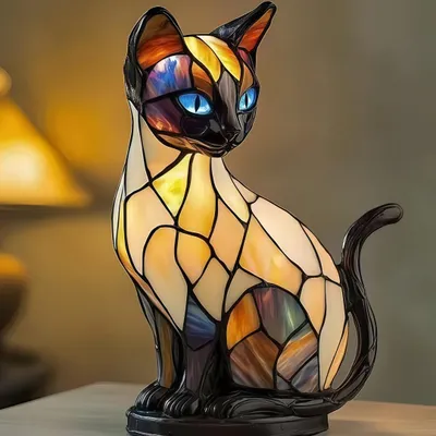 Produktbild von Katzen Lampe, Nachtlicht Siamkatzen mehrfarbig USB, Katzenlampe Mosaik, Nachttischlampe,vintage buntglas lampe,Bedside lamp,Schlafzimmer Deko Geschenk